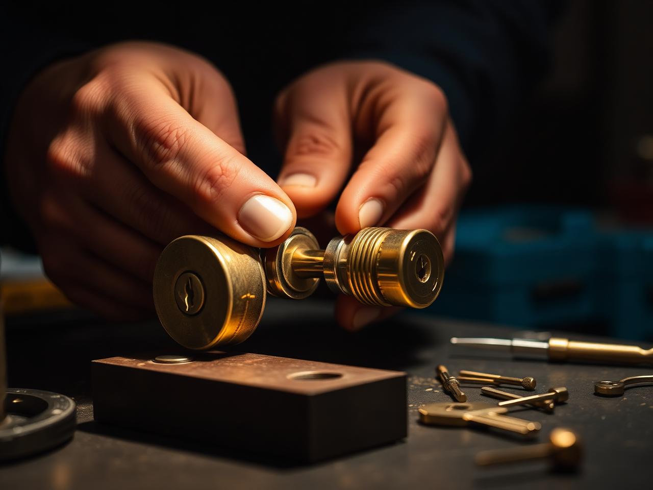 Locksmith rekeying a brass deadbolt cylinder