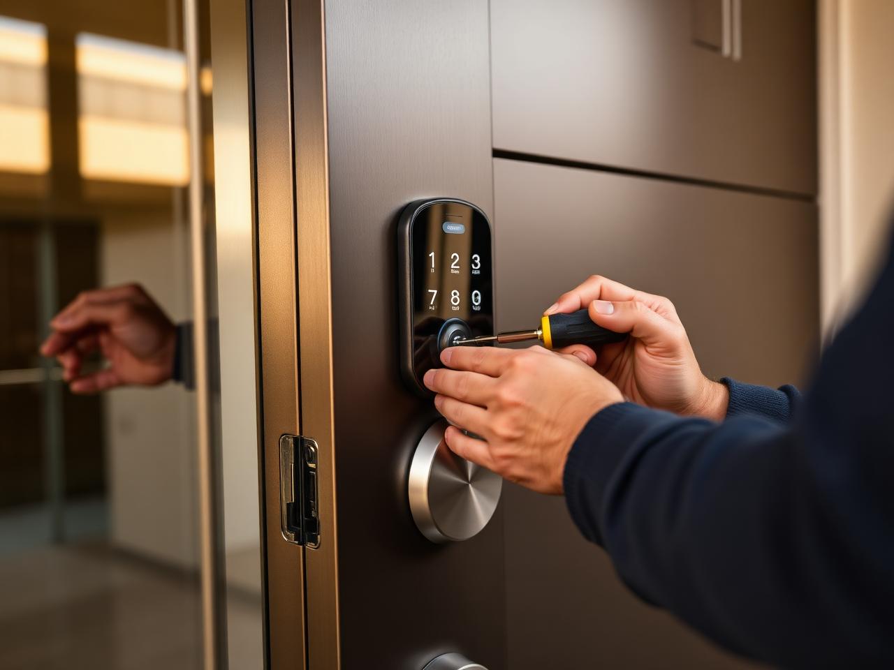 Smart lock installation on a modern front door